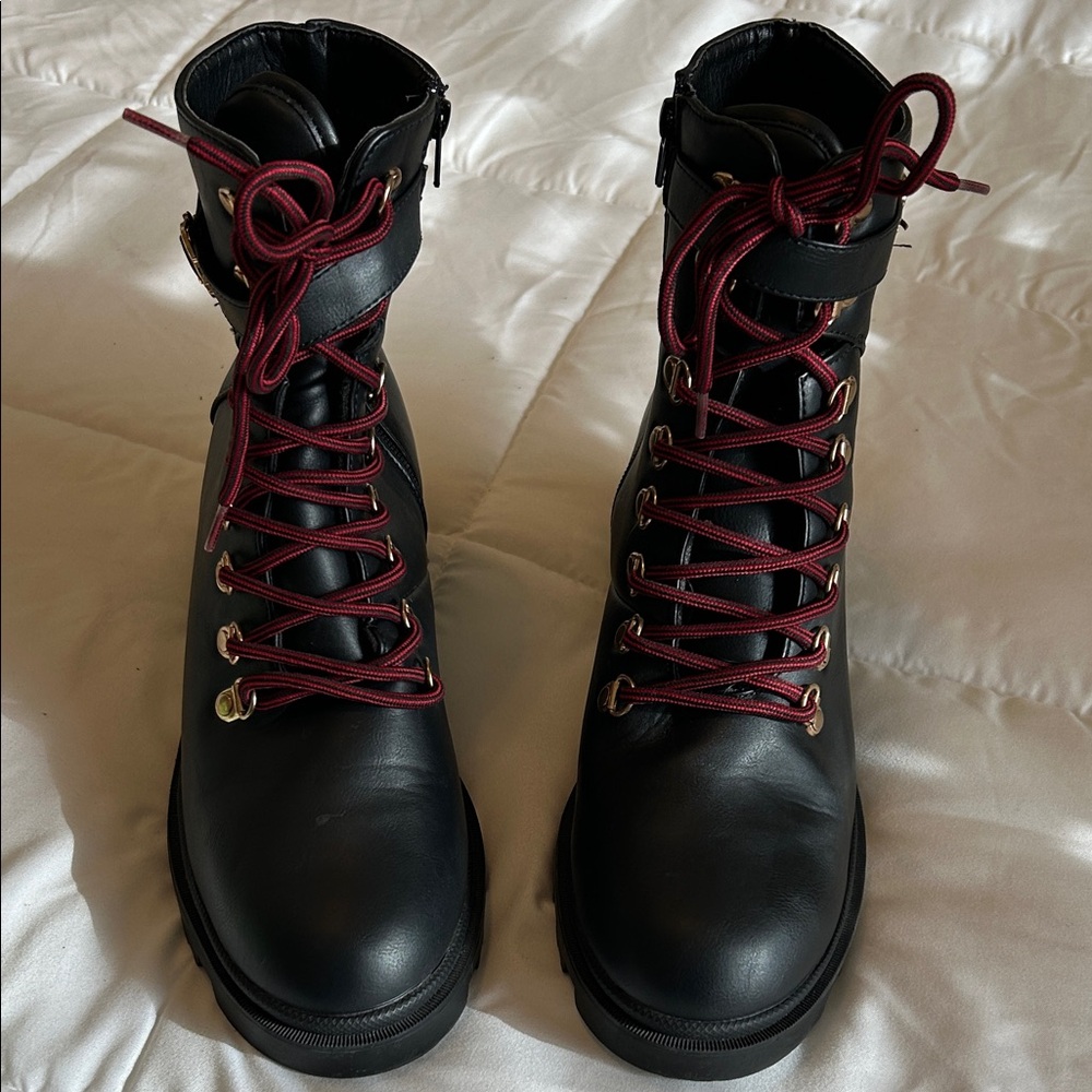Elegant Black Combat Boots with Burgundy Accents - Picture 3 of 6